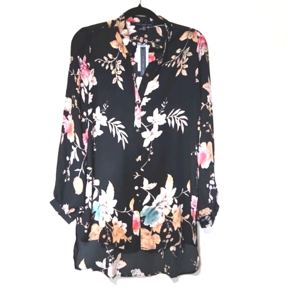 Joan Vass Tops - NWT Joan Vass Black Floral Mandarin Collar High Low Style Top Size S